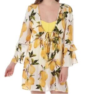 NWT Blue Island Lemon Print Bell Sleeve Swimsuit Coverup Dress Size Small